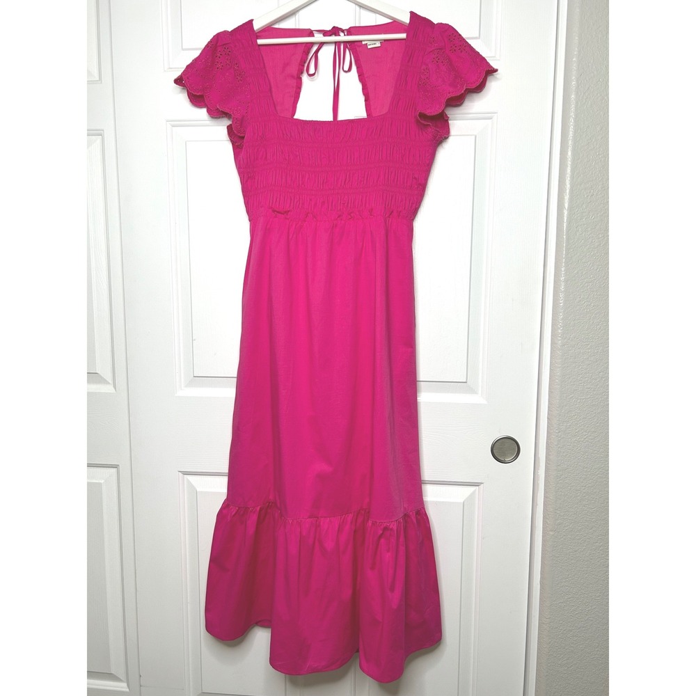 Jason‎ Wu Smocked Eyelet Open Back Midi Dress Large Hot Pink
